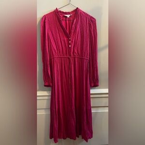 LOFT Women’s Hot Pink Maxi Midi Dress Size M Elastic Waist Long Sleeve